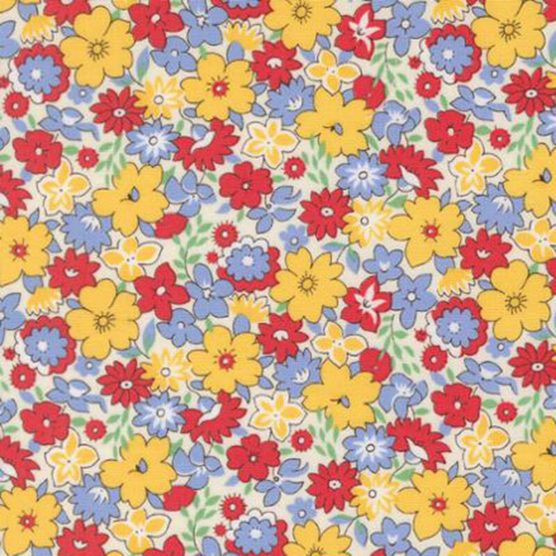 fabric pattern of different colored florals on a white background