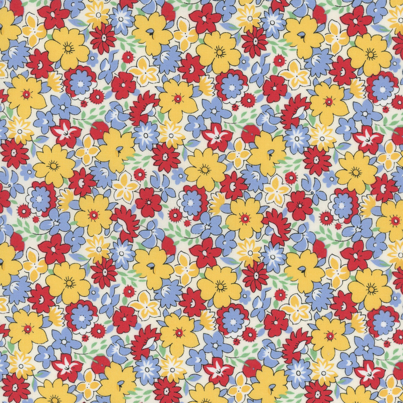 fabric pattern of different colored florals on a white background