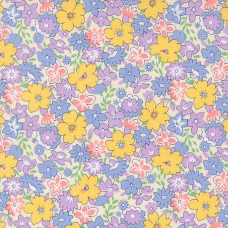 fabric pattern of different colored florals on a white background