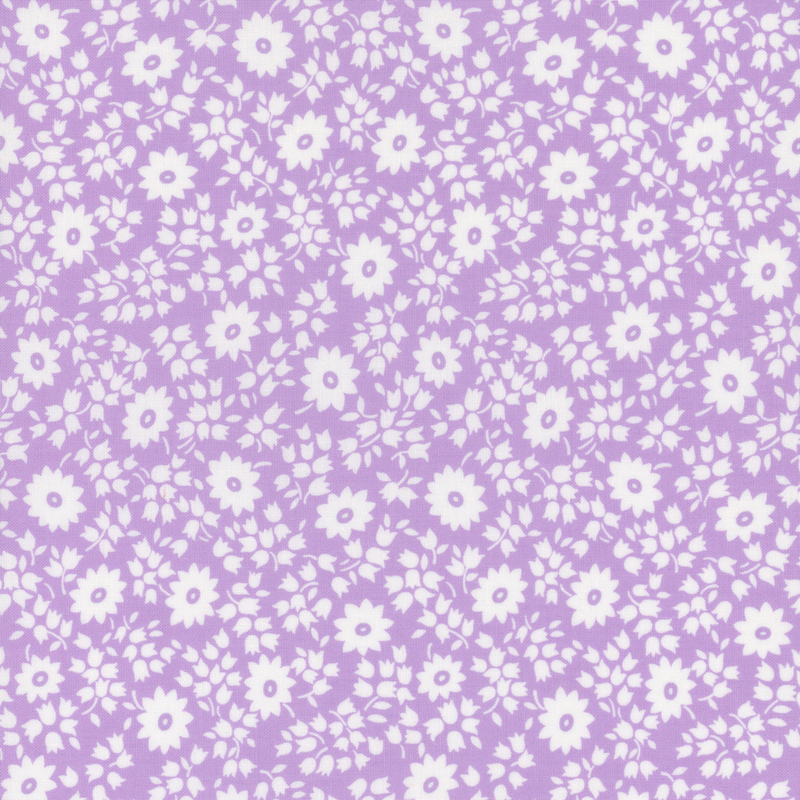 fabric pattern of white florals all over a lilac background