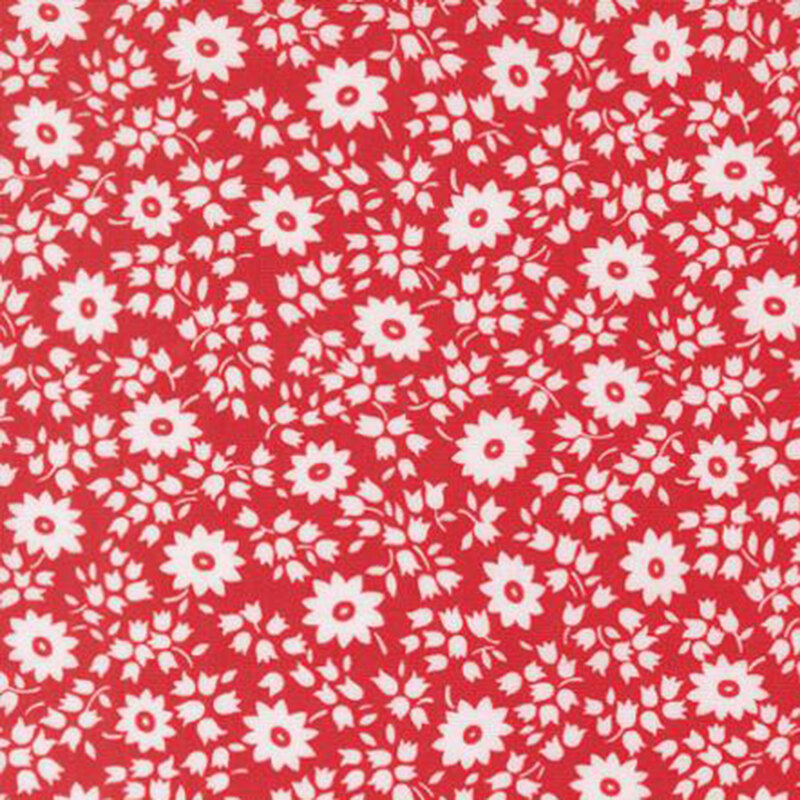 fabric pattern of white florals on a red background