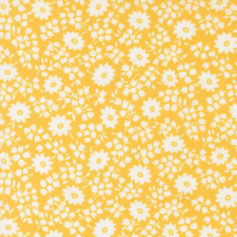 fabric pattern of white florals on a yellow background