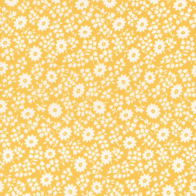 fabric pattern of white florals on a yellow background