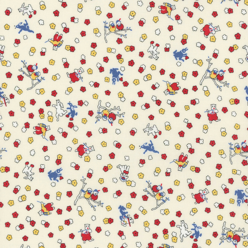 fabric pattern of ditsy floral motifs and characters on a cream background