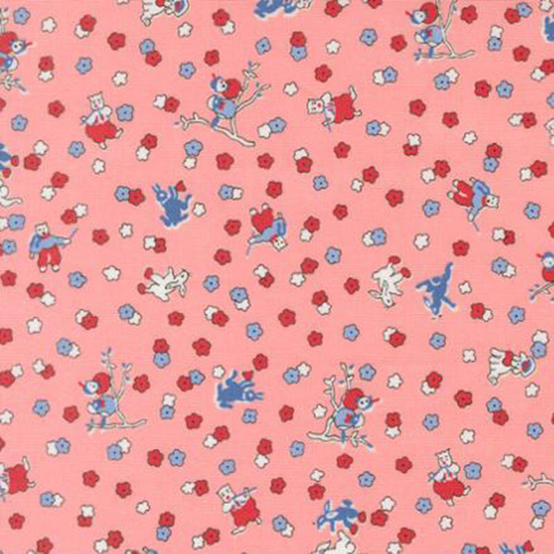 fabric pattern of ditsy floral motifs and characters on a pink background