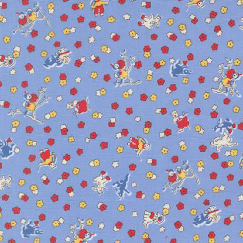 fabric pattern of ditsy floral motifs and characters on a blue background