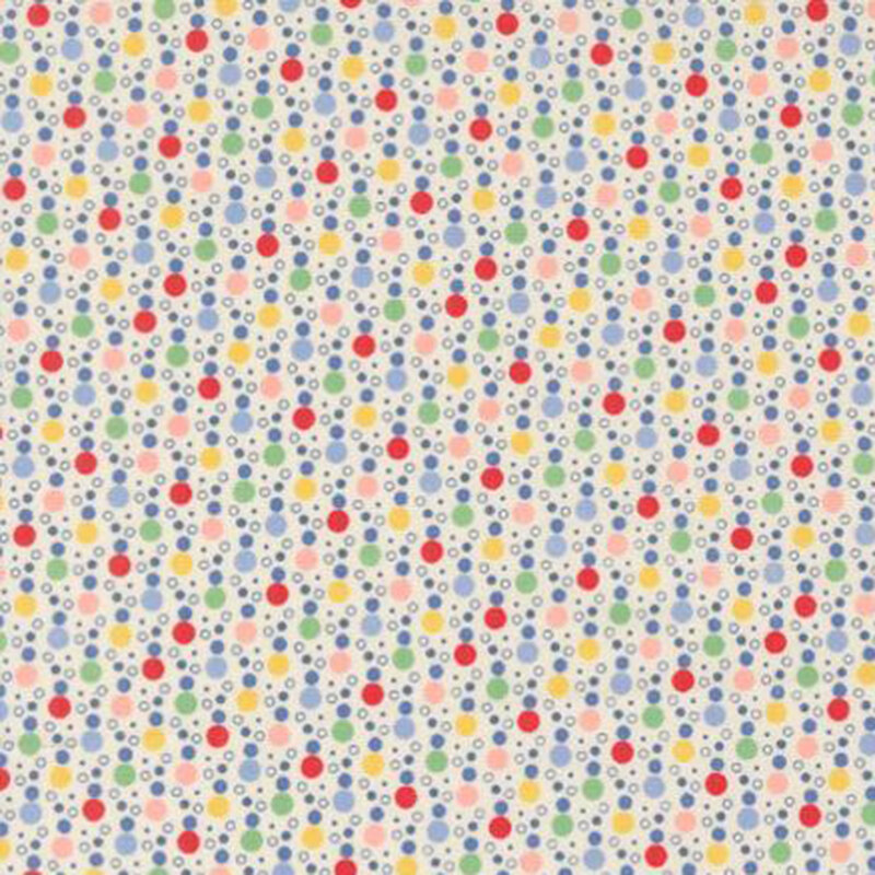 fabric pattern of colorful dots all over a white background