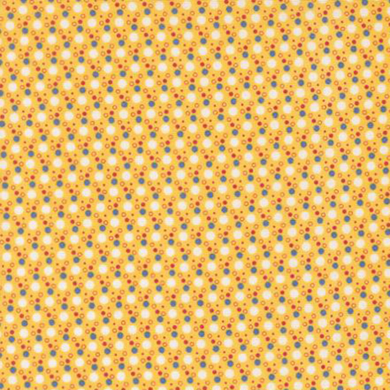 fabric pattern of white and blue dots all over a orange background