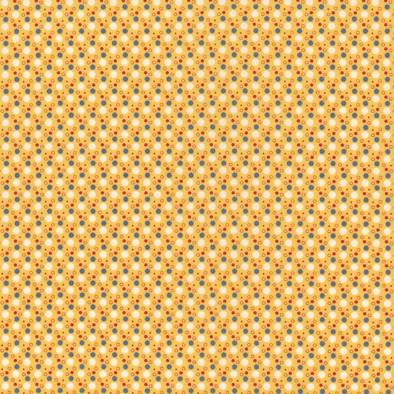 fabric pattern of white and blue dots all over a orange background