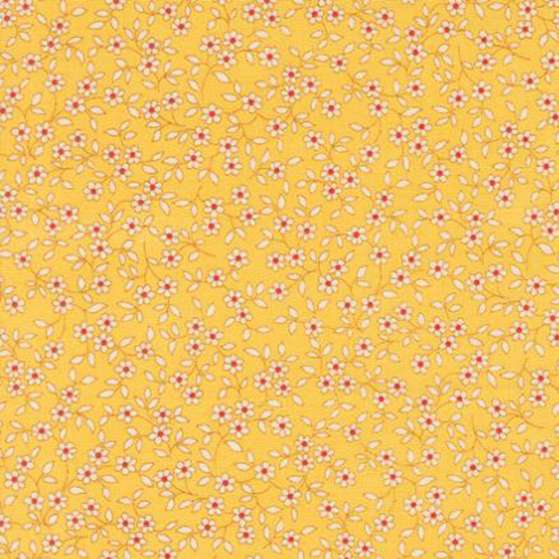 fabric pattern of white florals scattered all over a yellow background