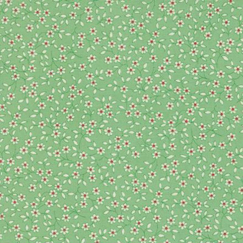 fabric pattern of white florals scattered all over a green background