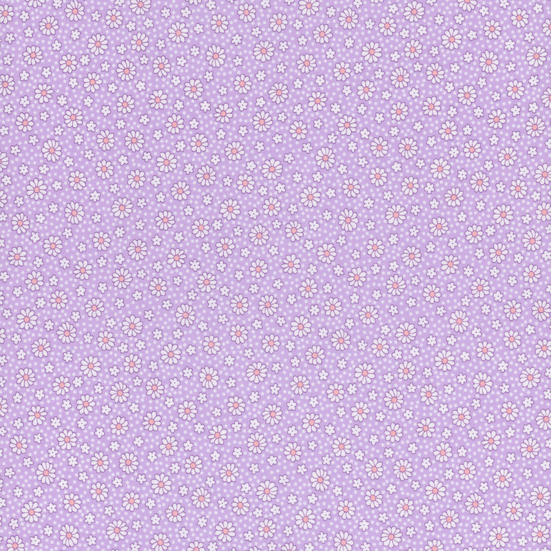 fabric pattern of white daises all over a lilac background