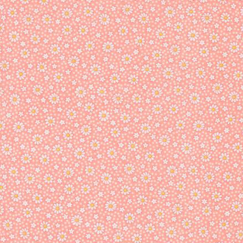 fabric pattern of white daises all over a pink background