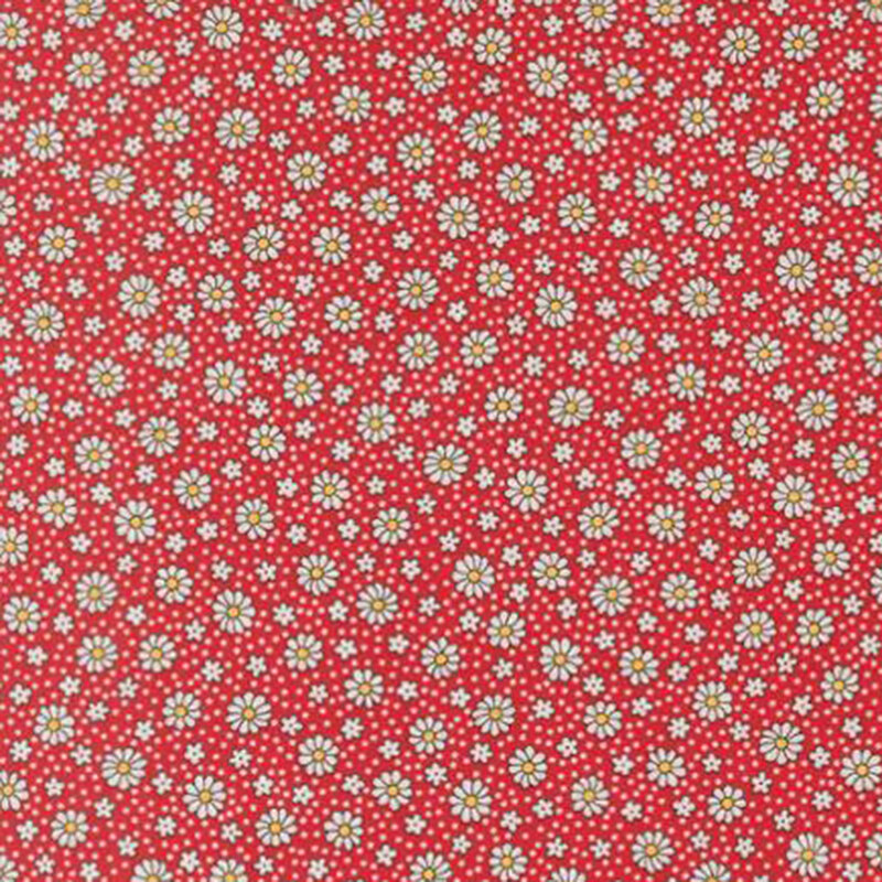 fabric pattern of white daises all over a red background