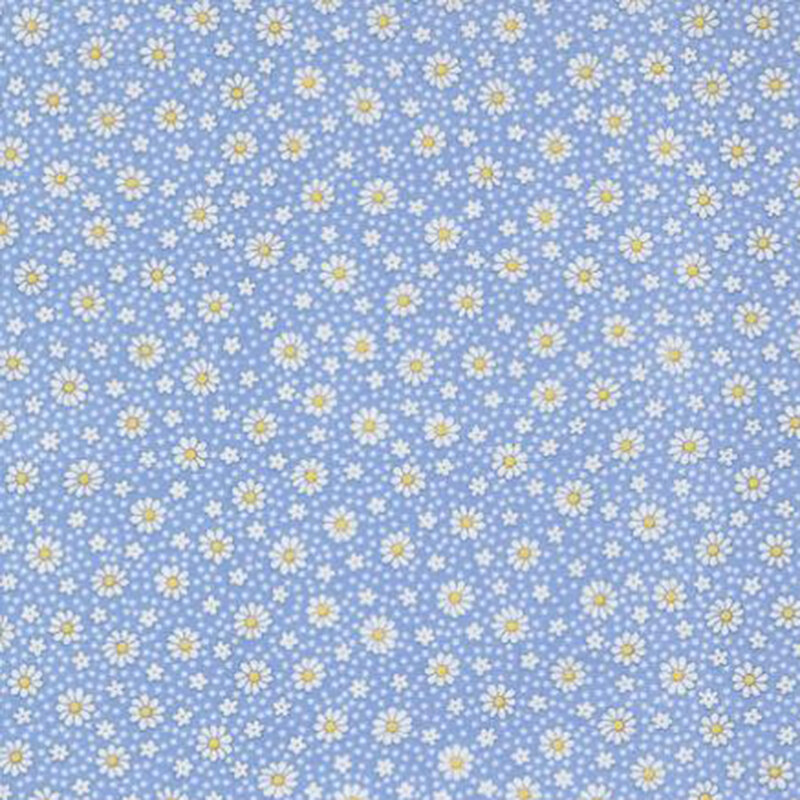 fabric pattern of white daises all over a blue background