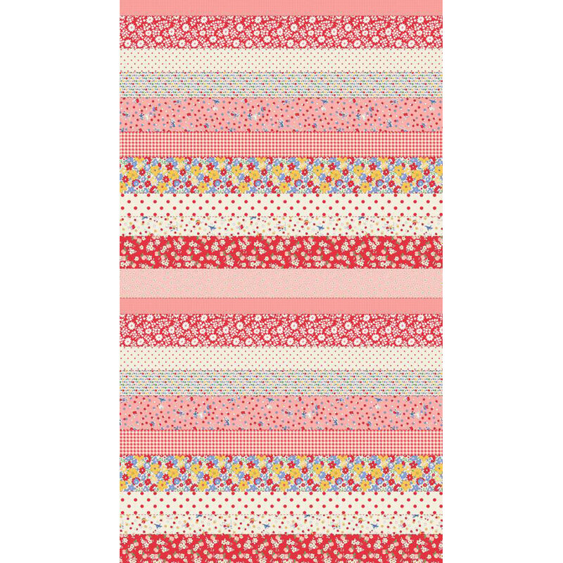 border stripe fabric pattern of all the red and pink fabric in 30's Playtime collection 2025