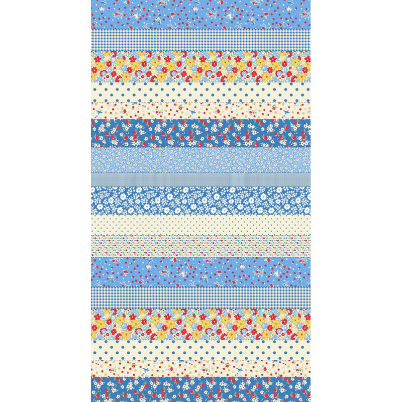 border stripe fabric pattern of all the blue and white fabric in 30's Playtime collection 2025