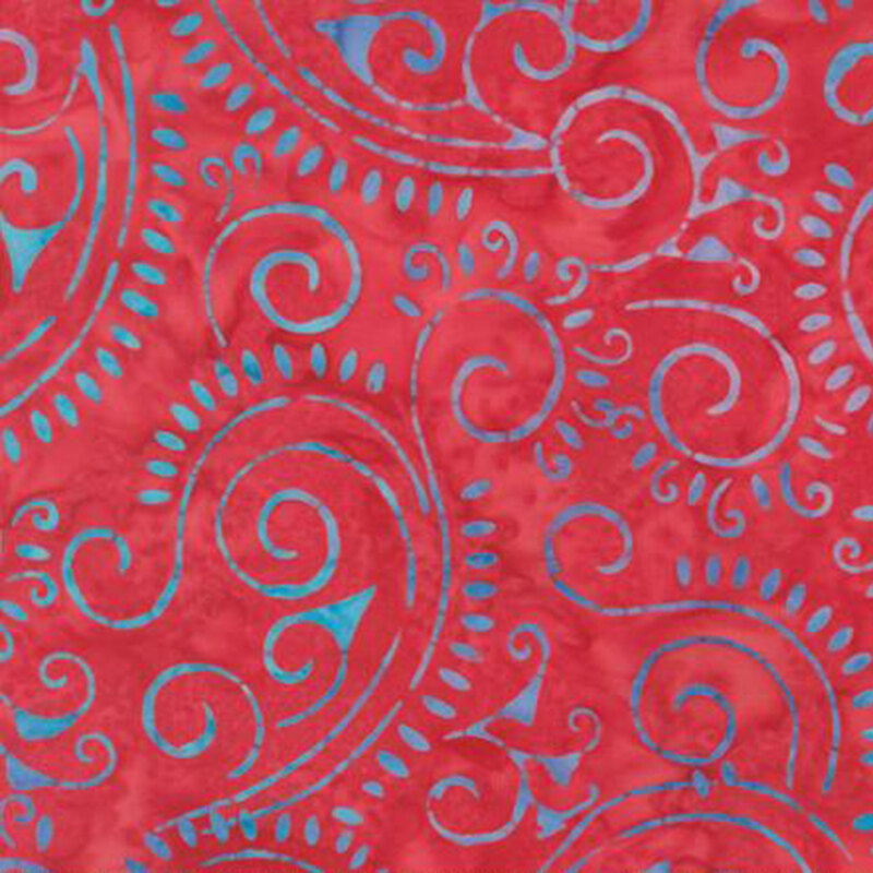 fabric pattern of blue swirls on a red background