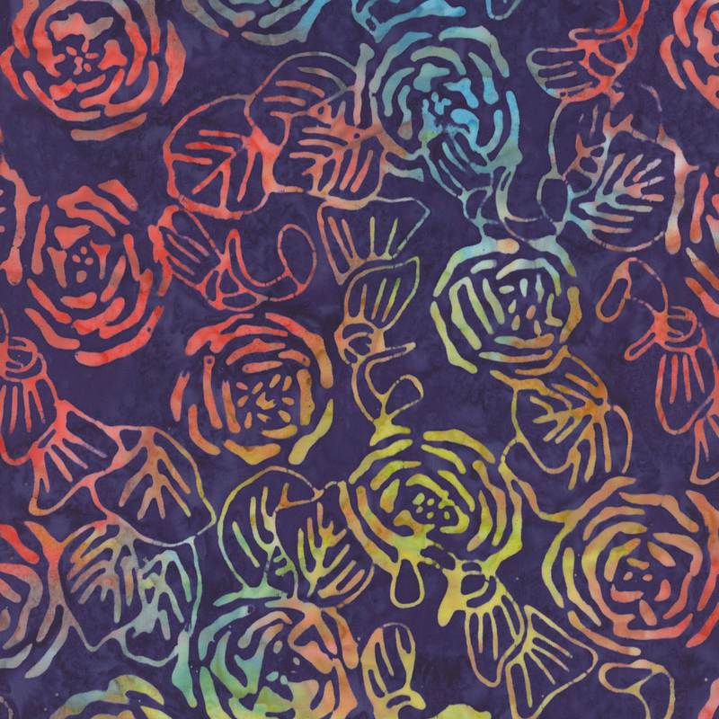 fabric pattern of rainbow roses on a purple background