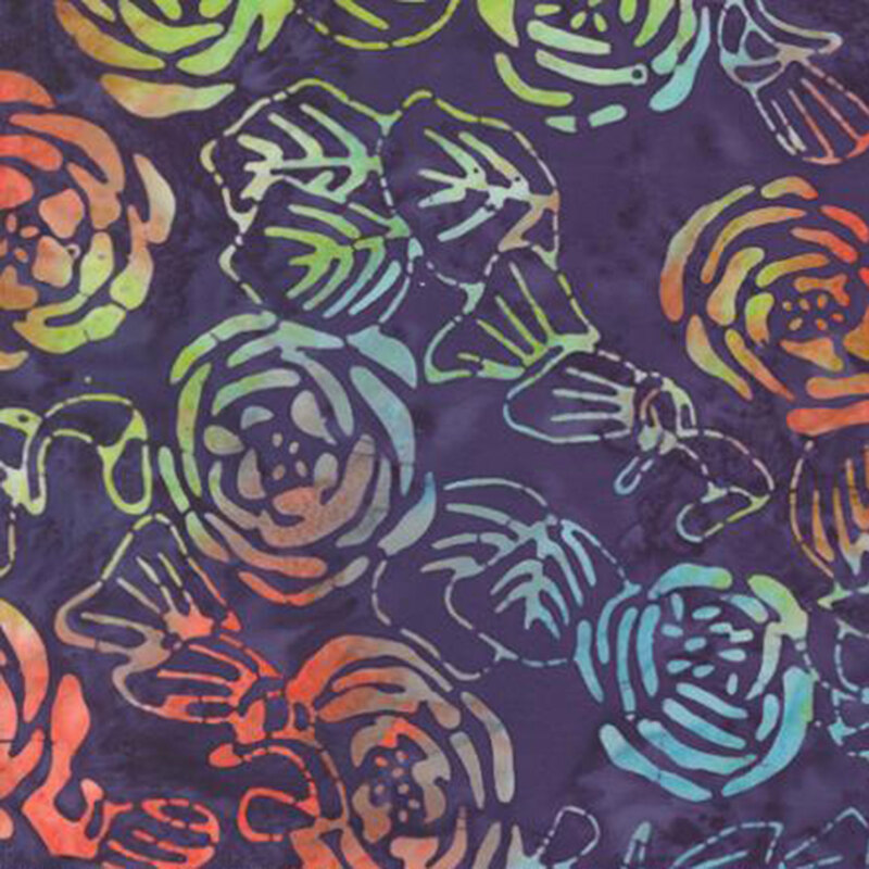 fabric pattern of rainbow roses on a purple background