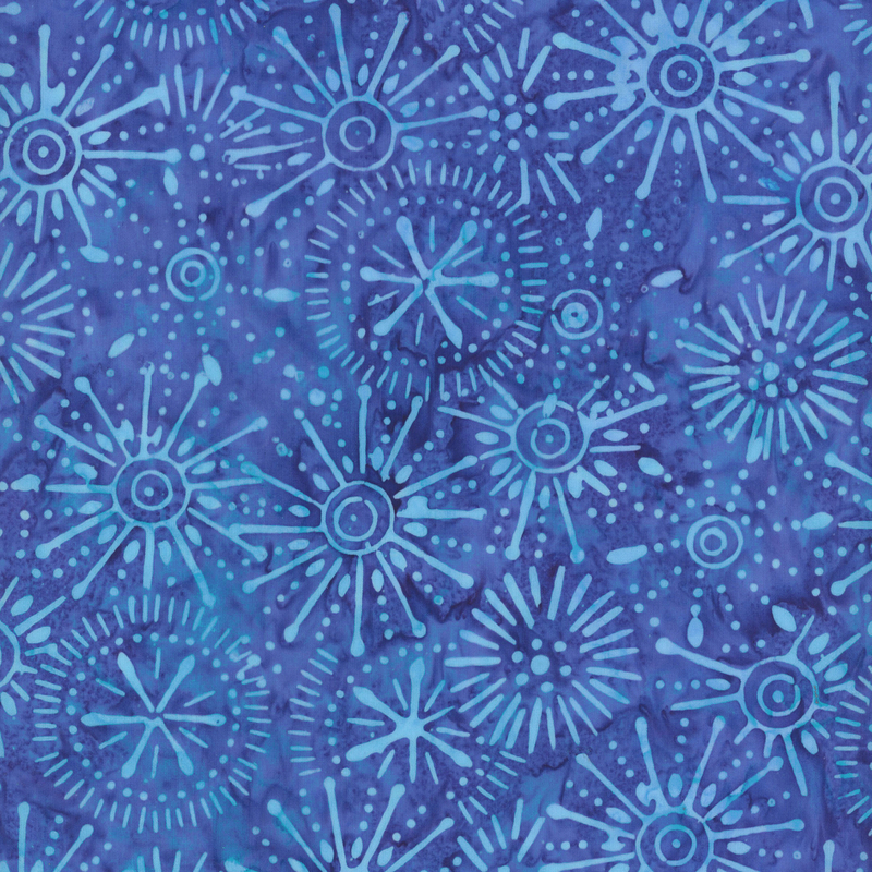 fabric pattern of blue whimsical geometric shapes on a purple background