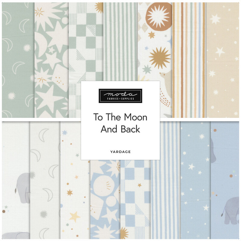 A stacked collage of the baby fabrics included in the To The Moon And Back collection.