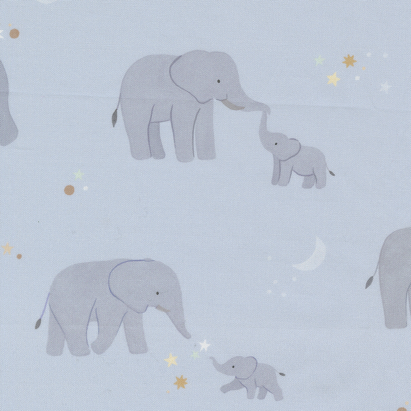 Dusty blue fabric with scenes of mama elephants with their babies on a starry background.