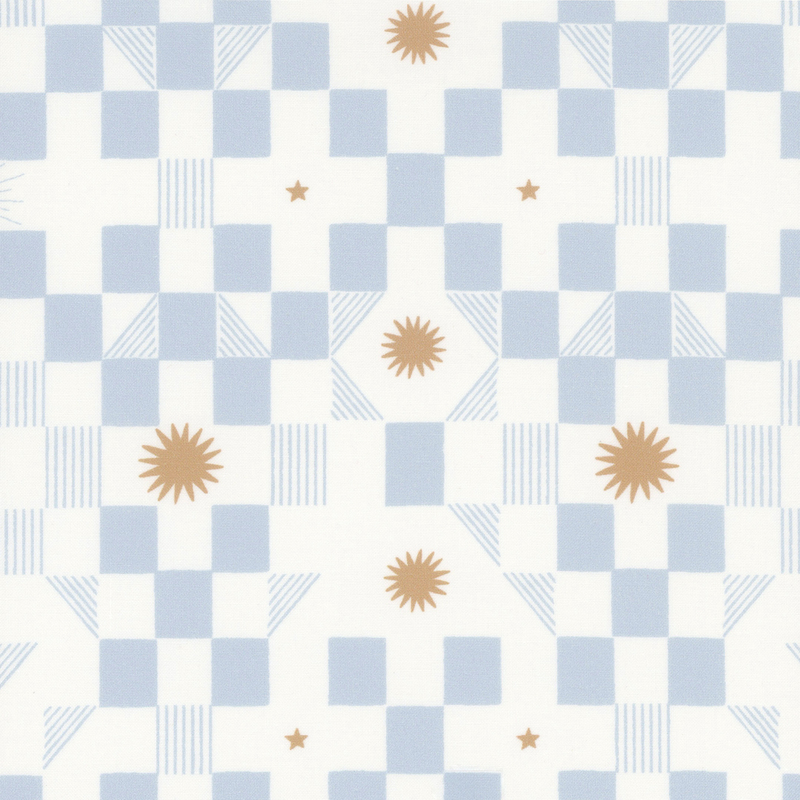 Cream and blue checkered fabric with orange stars and starbursts.