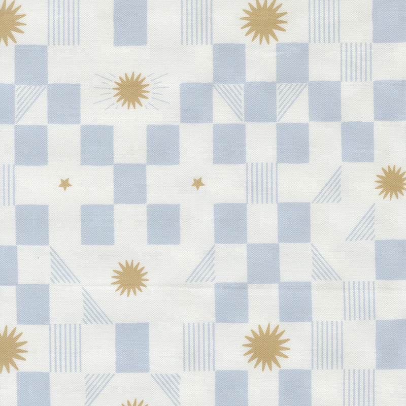 Cream and blue checkered fabric with orange stars and starbursts.