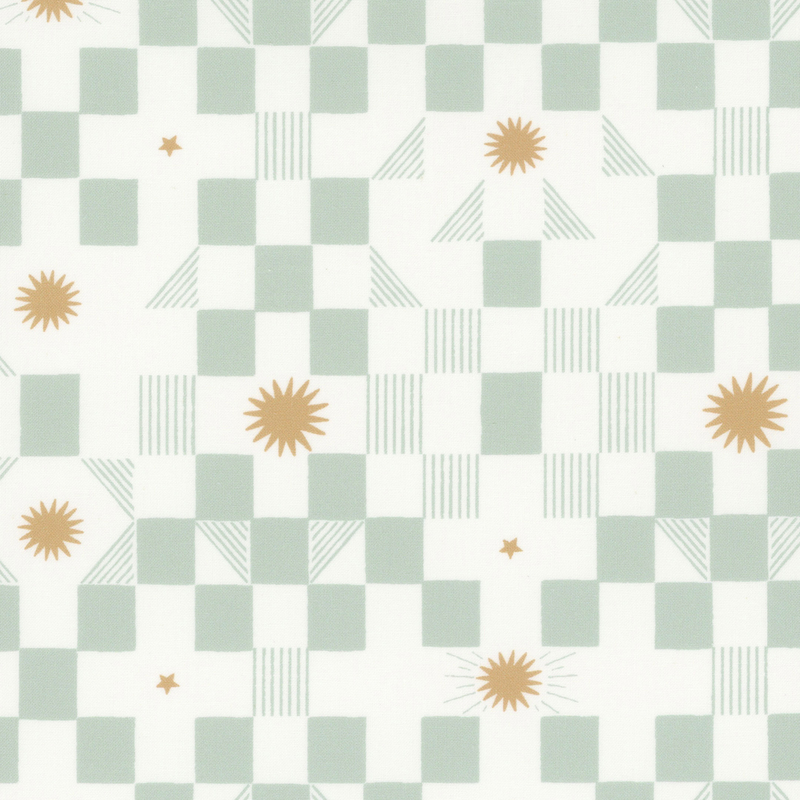 Cream and green checkered fabric with orange stars and starbursts.