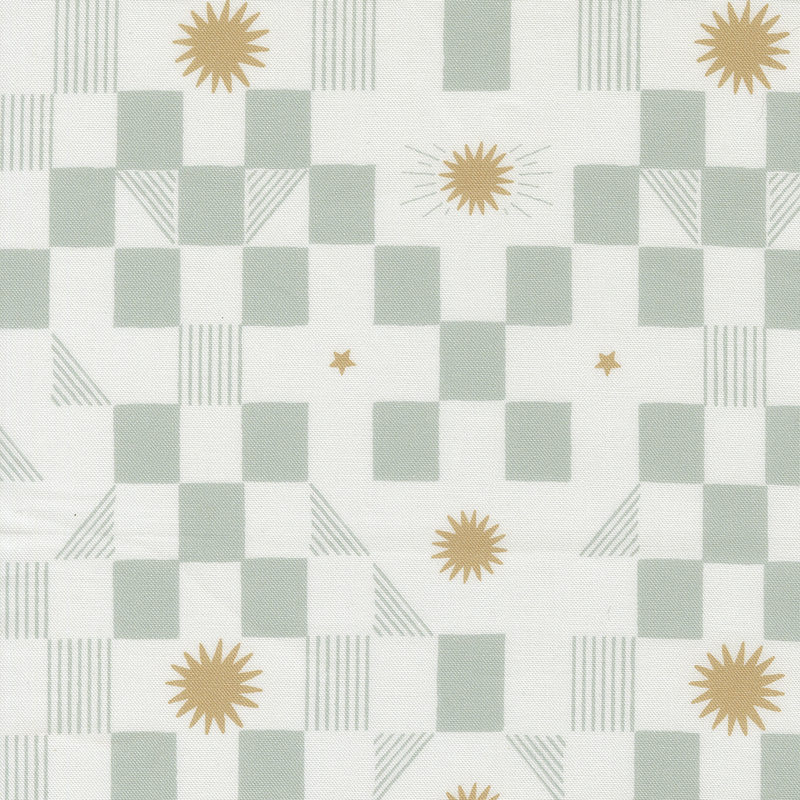 Cream and green checkered fabric with orange stars and starbursts.