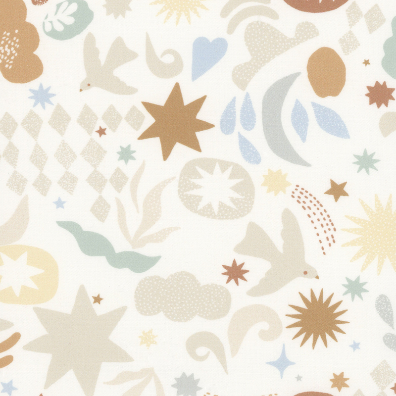 Cream fabric with whimsical imagery like starbursts, shooting stars, birds, and random artistic patterns.