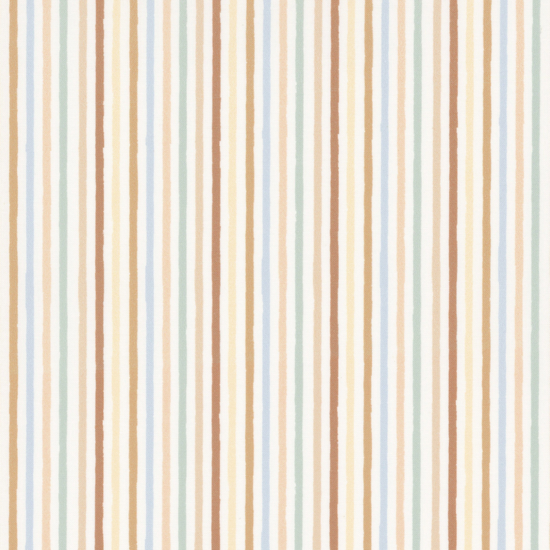 Cream fabric with brown, green, and blue thin multicolored stripes.