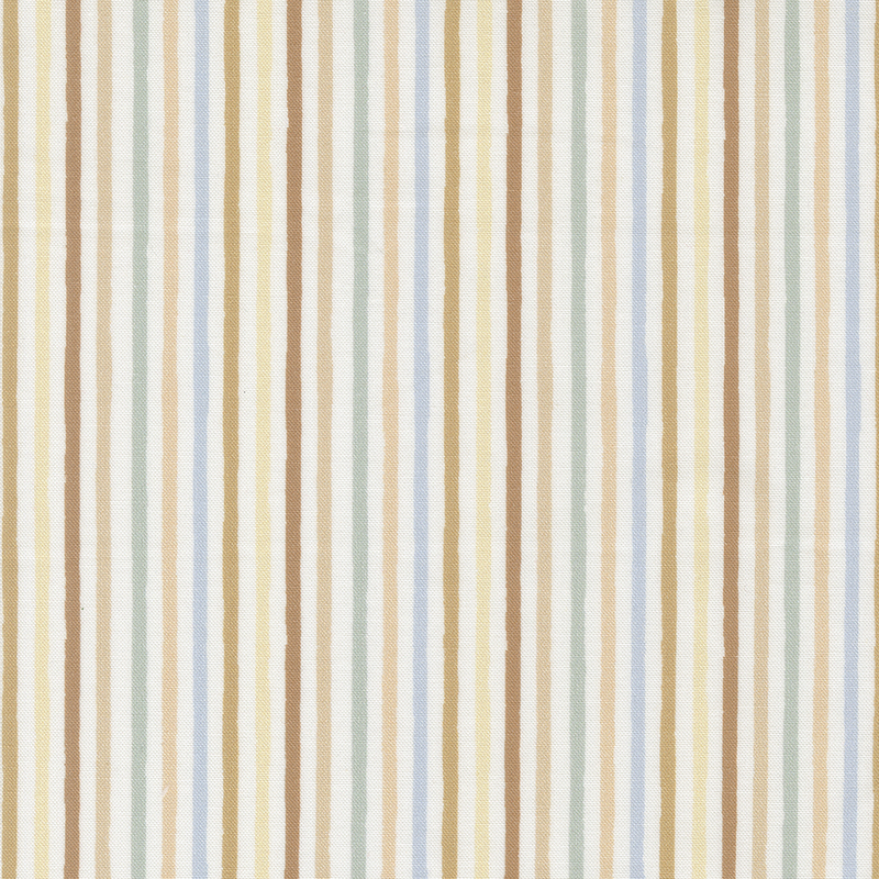 Cream fabric with brown, green, and blue thin multicolored stripes.