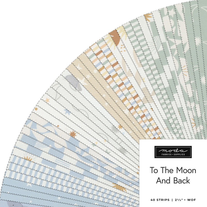 A fanned collage of the baby fabrics included in the To The Moon And Back Jelly Roll.