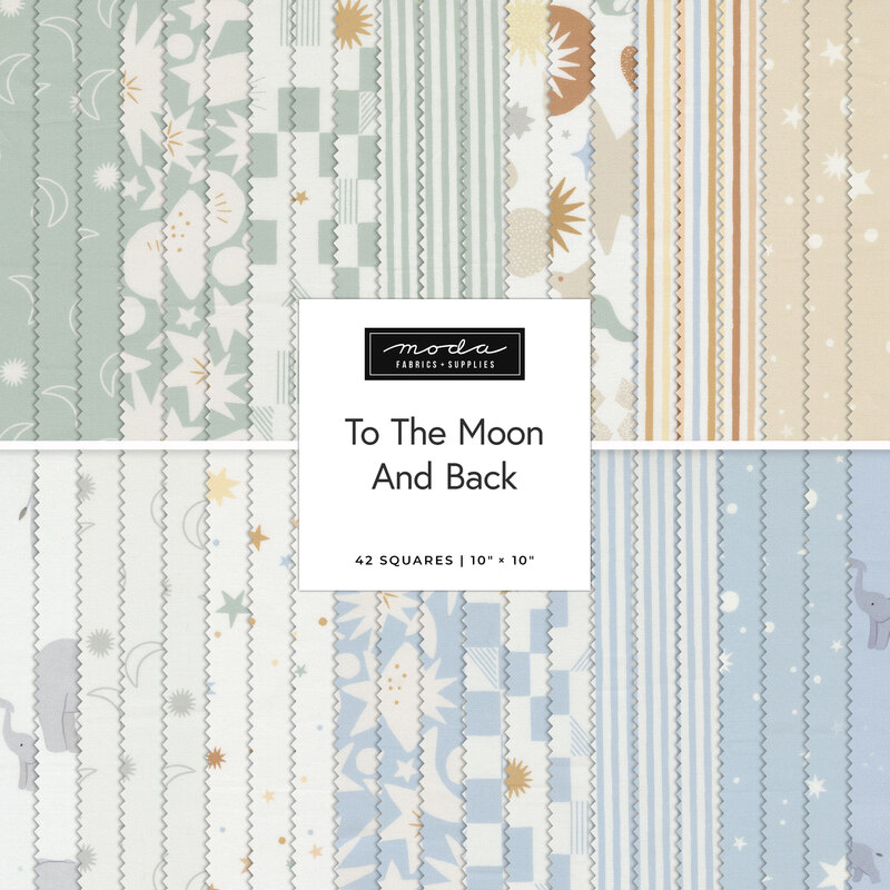 A stacked collage of the baby fabrics included in the To The Moon And Back Layer Cake.