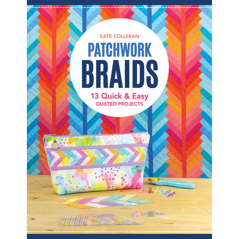 Book cover for Patchwork Braids by Kate Colleran, featuring colorful chevron patterns and a sewing bag.