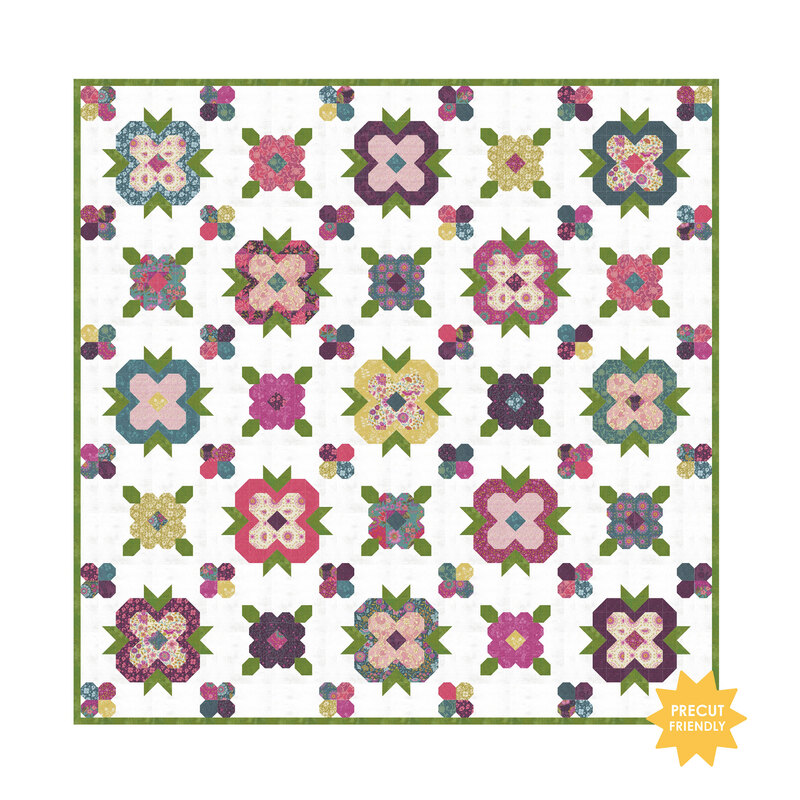 A digital mockup of the completed Primrose and Proper Quilt, colored in fabrics from the Parlor collection by Moda.