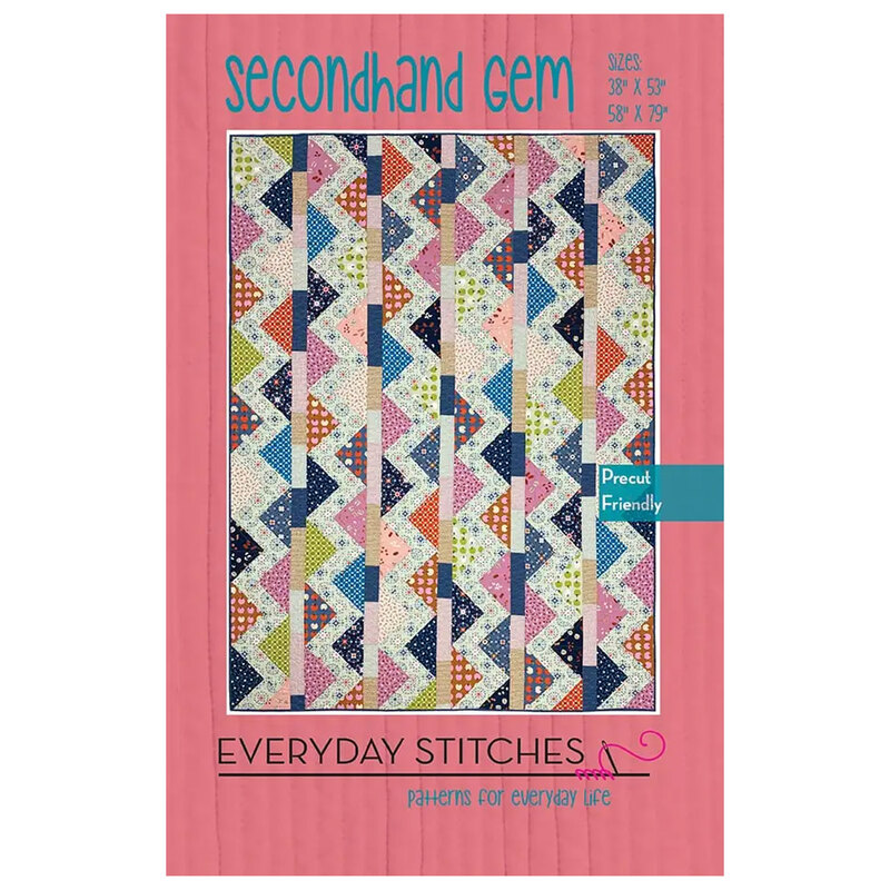 Colorful quilt pattern cover for Secondhand Gem featuring a colorful zig zag stripe pattern.