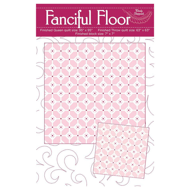 Pink quilt pattern cover for the Fanciful Floor Quilt featuring a pink geometric quilt pattern.