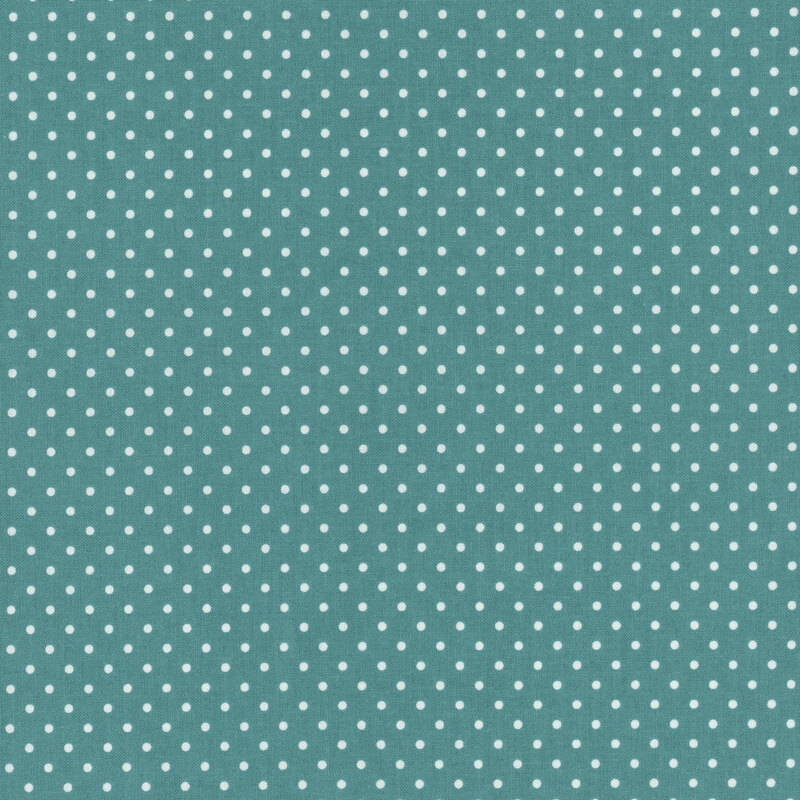 Teal fabric with neat rows of white polka dots.