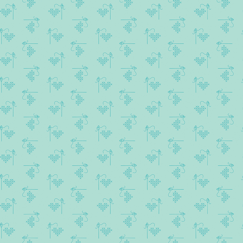 Aqua fabric with tonal ditsy cross-stitched hearts.