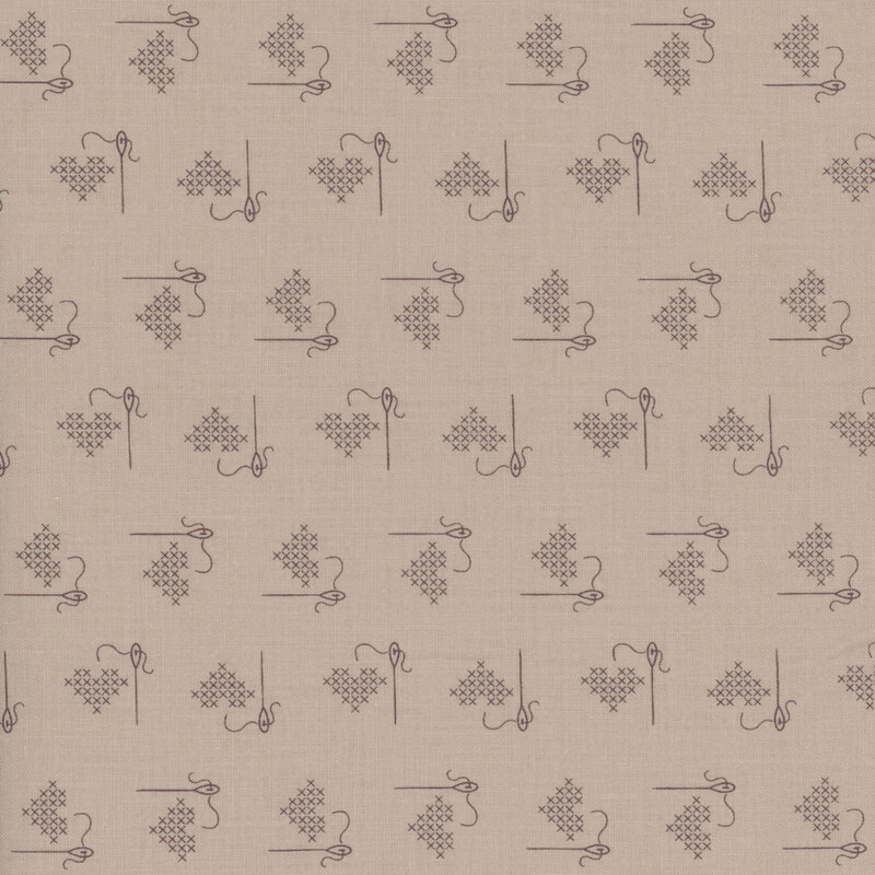 Pewter gray fabric with tonal ditsy cross-stitched hearts.