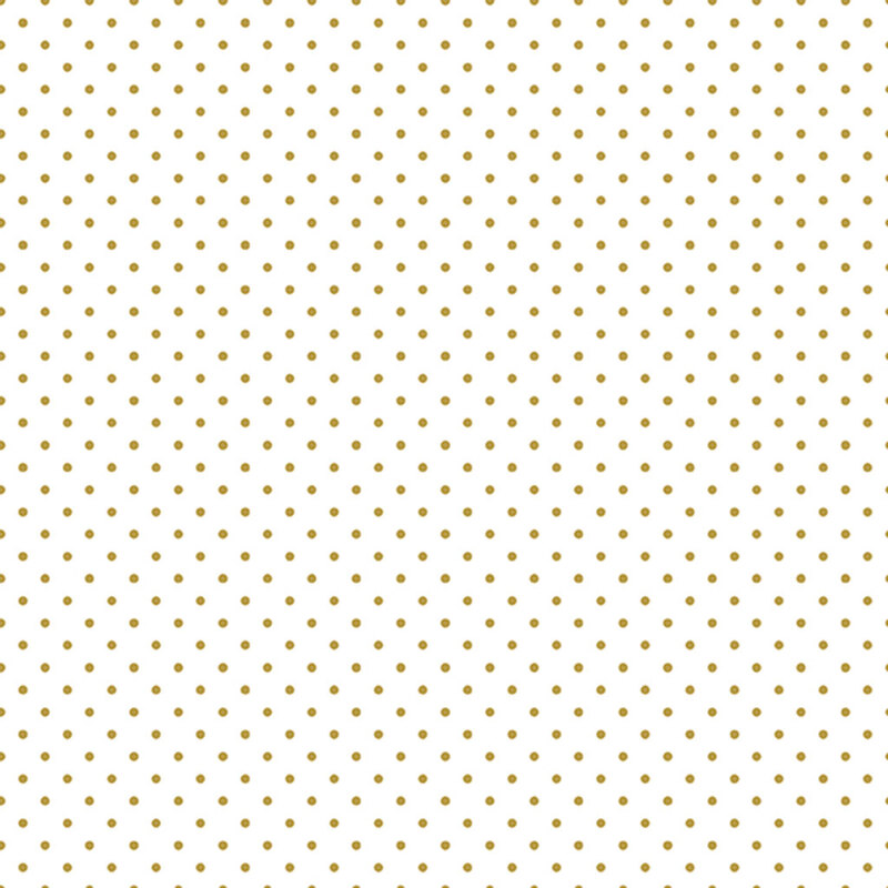 White fabric with neat rows of metallic gold polka dots.