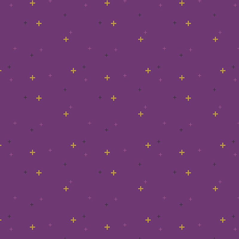 Eggplant purple fabric with multicolored plus signs.