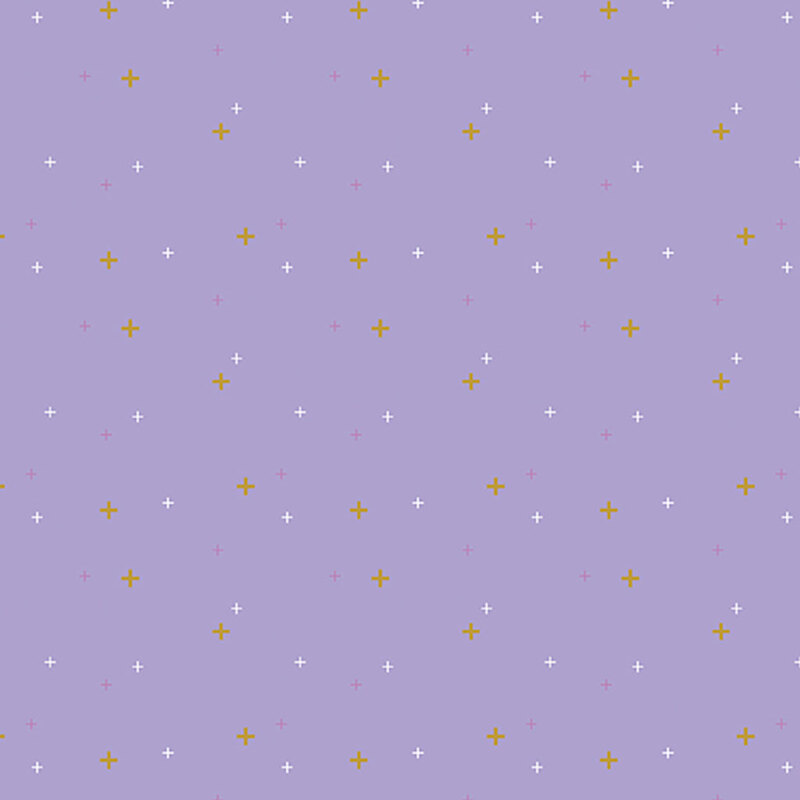 Lilac fabric with multicolored plus signs.