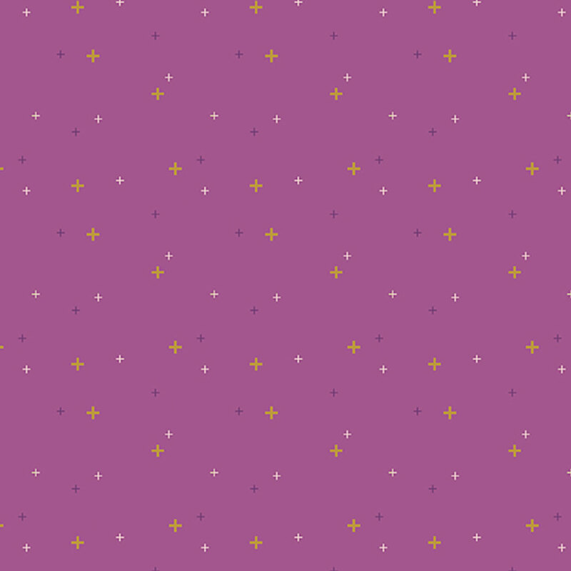 Orchid purple fabric with multicolored plus signs.