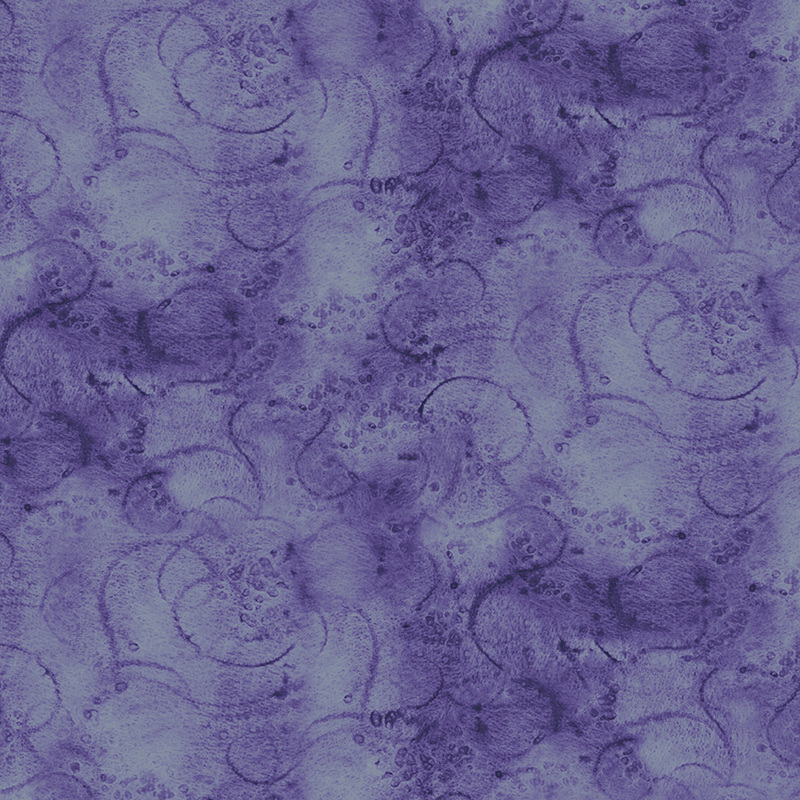 Purple fabric with tonal mottling and swirling designs.