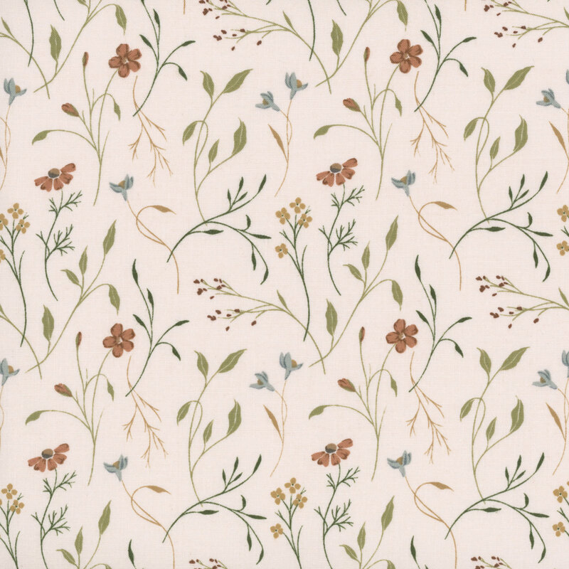 Cream fabric with sprawling flower stems and multicolored flowers.