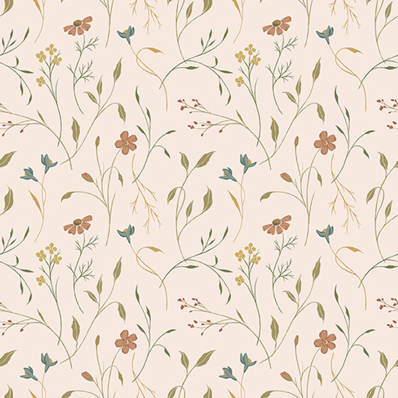 Cream fabric with sprawling flower stems and multicolored flowers.